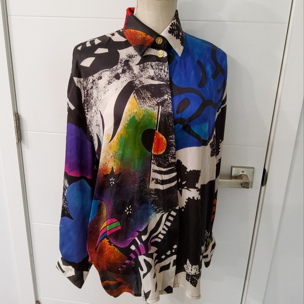 Louis Feraud Vintage Silk Colorful Abstract Button-Up Shirt Size 12